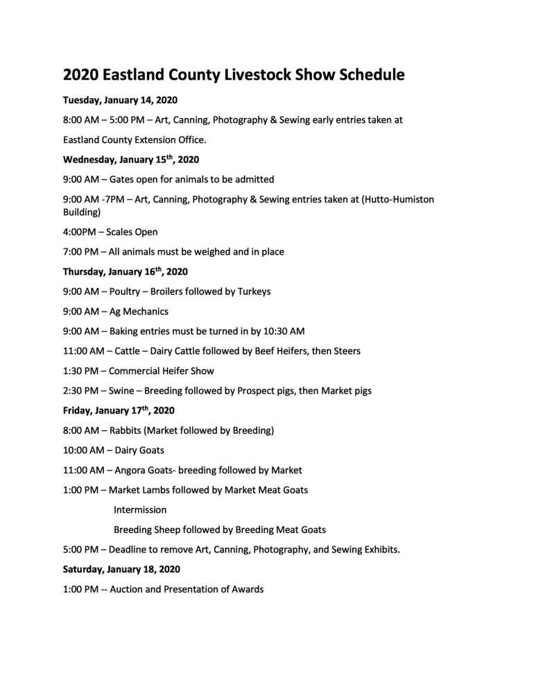 2020 Eastland County Stock Show Schedule