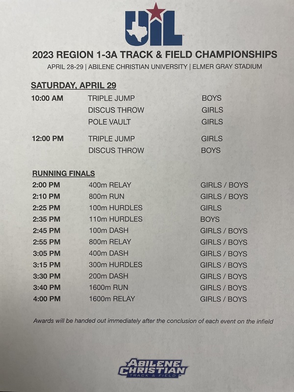 Regional Track Meet Saturday Schedule